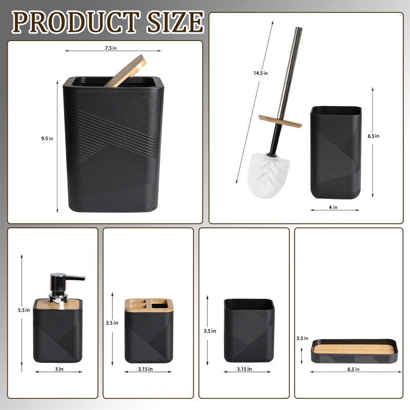 CERBIOR Bathroom Accessories Set 6 Piece Bamboo Bath Ensemble Includes Soap Dispenser  Toothbrush Holder  Toothbrush Cup  Soap Dish for Decorative Countertop and Housewarming Gift (Black) - Image 2